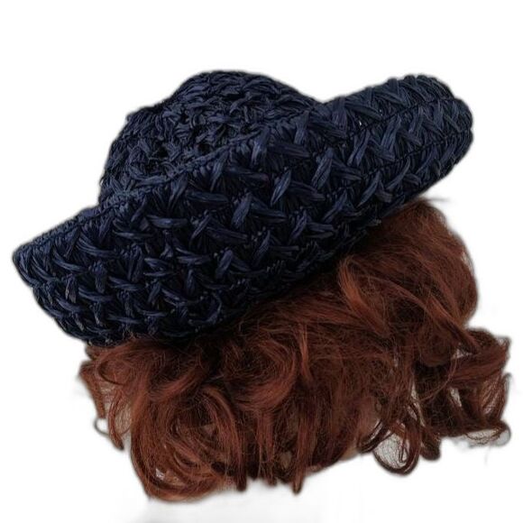 Vintage 50s Dark Blue Hat Raffia Straw Summer Sun - Picture 5 of 6